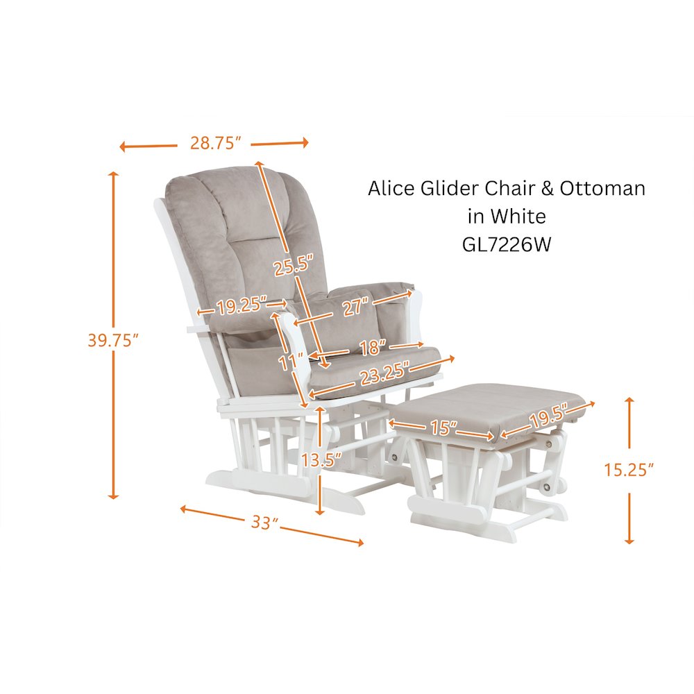 Alice Glider Chair and Ottoman White with Pillow